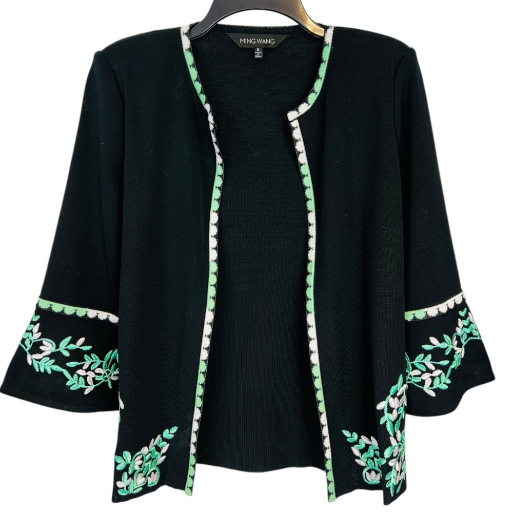 Ming Wang Floral Embroidered Cardigan Jacket bell sleeves